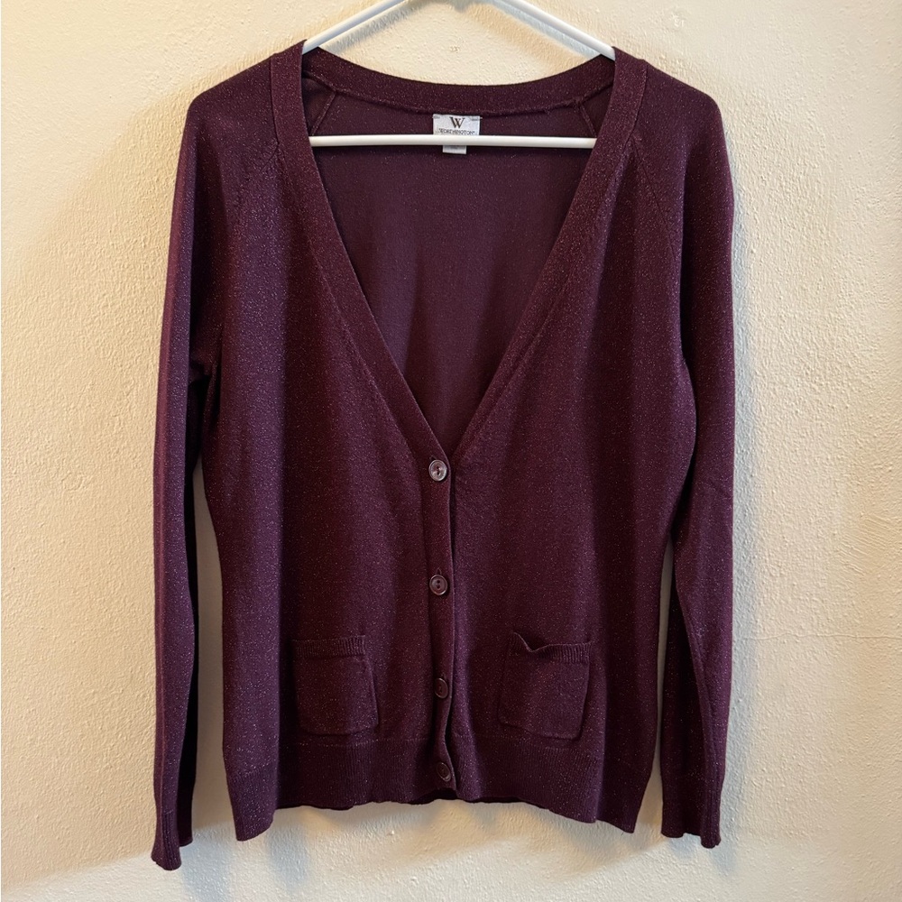 Worthington Maroon Purple Metallic Sparkle Cardigan Sweater M